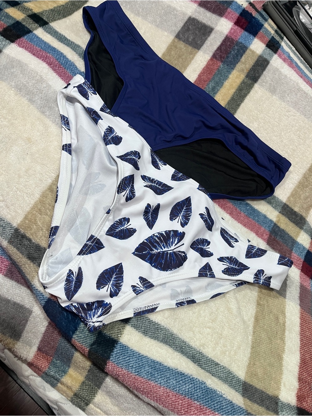 Set of 2 Bikini Bottoms - 1 w/ Leaf Print & one a dark royal blue - used